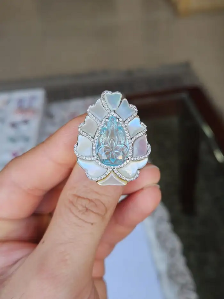 18k White Gold Diamond Statement Ring - Carved Aquamarine & Pearl Cocktail Ring