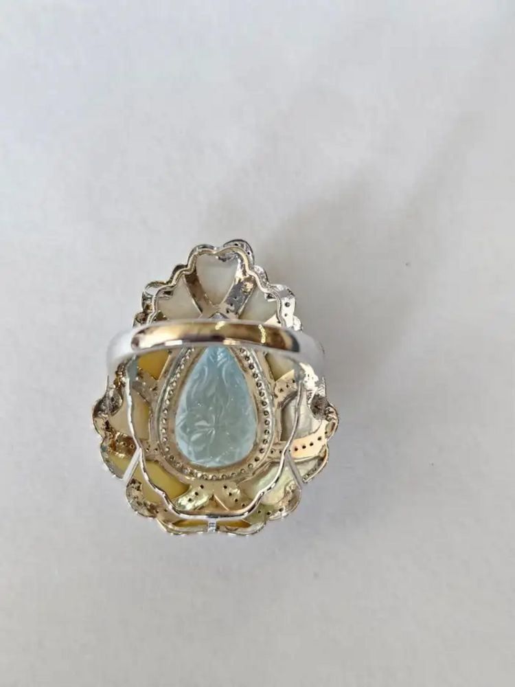 18k White Gold Diamond Statement Ring - Carved Aquamarine & Pearl Cocktail Ring