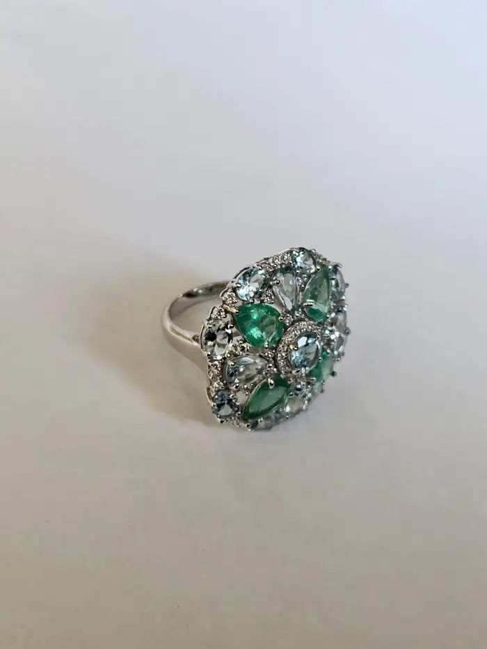 Colombian Emerald & Aquamarine Gemstone Statement Ring - 18k White Gold Diamond Cocktail Ring