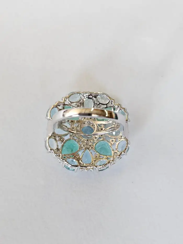 Colombian Emerald & Aquamarine Gemstone Statement Ring - 18k White Gold Diamond Cocktail Ring