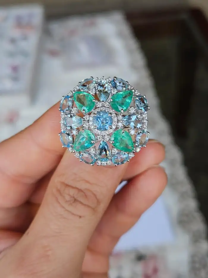Colombian Emerald & Aquamarine Gemstone Statement Ring - 18k White Gold Diamond Cocktail Ring