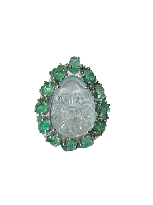 Carved Aquamarine & Zambian Emerald Cocktail Ring - 18k White Gold Handmade Diamond Ring