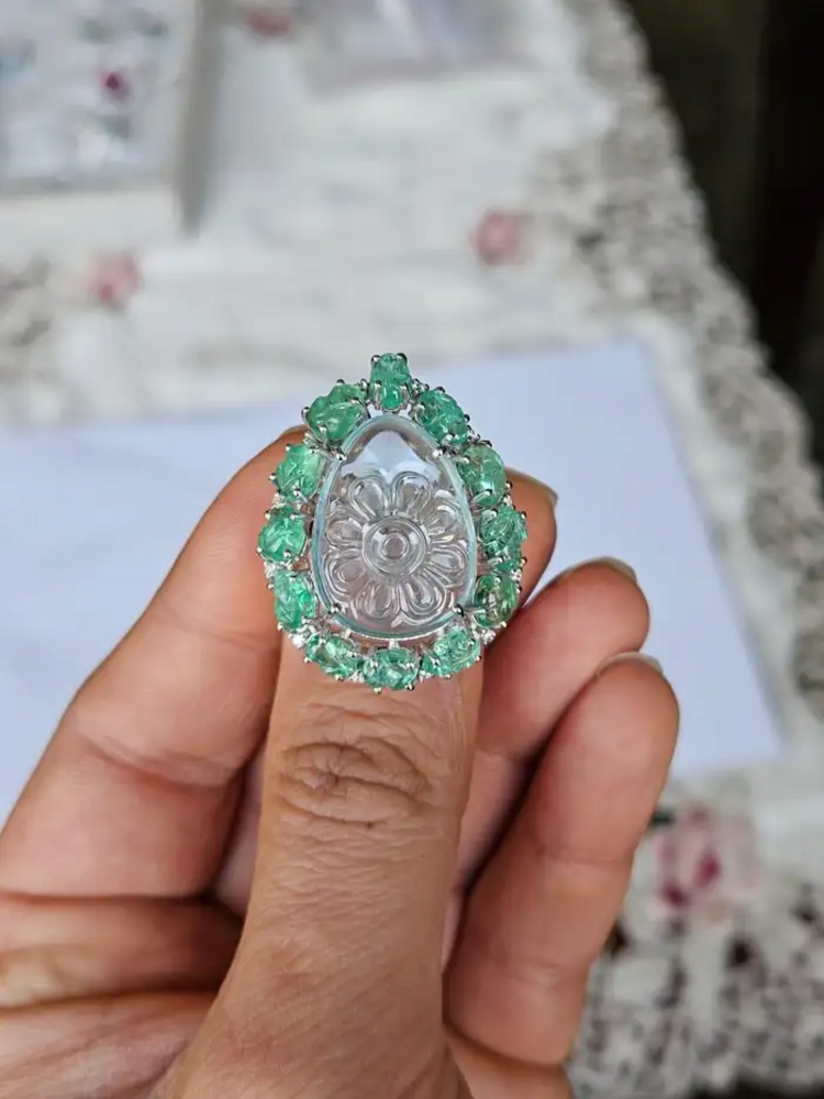 Carved Aquamarine & Zambian Emerald Cocktail Ring - 18k White Gold Handmade Diamond Ring