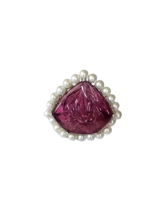 18k White Gold Carved Tourmaline Statement Ring - 10.67 Ct. Carved Tourmaline & Fresh Water Pearl Ring