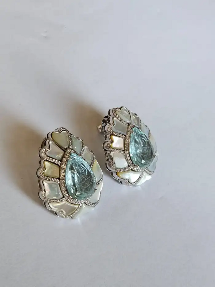 18k White Gold Handmade Diamond Stud Earrings - Pear Shape Carved Aquamarine & Pearl Stud Earrings