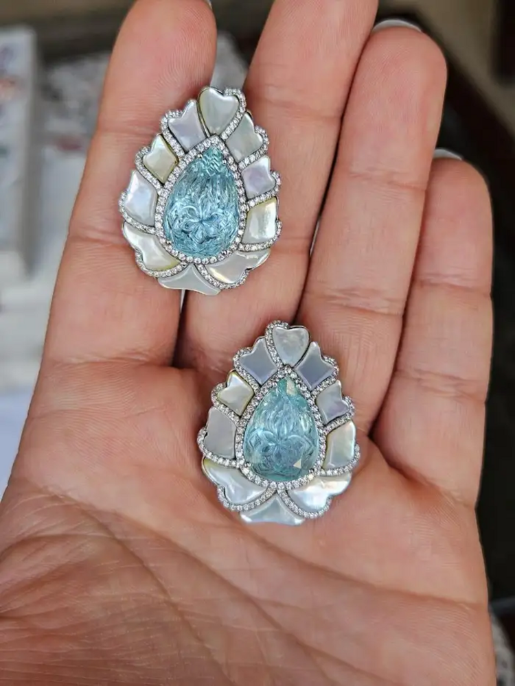 18k White Gold Handmade Diamond Stud Earrings - Pear Shape Carved Aquamarine & Pearl Stud Earrings