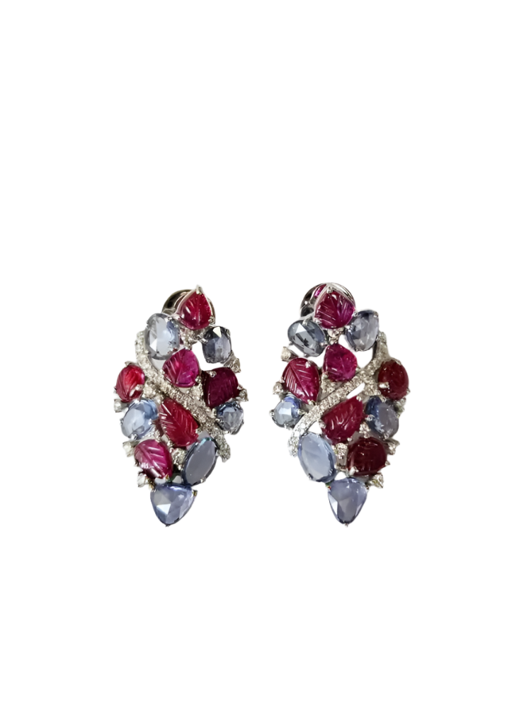 Natural Blue Sapphire & Diamond Earrings - 18k White Gold Carved Ruby Women Earrings