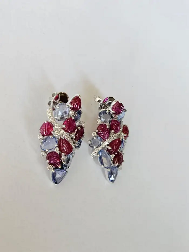 Natural Blue Sapphire & Diamond Earrings - 18k White Gold Carved Ruby Women Earrings