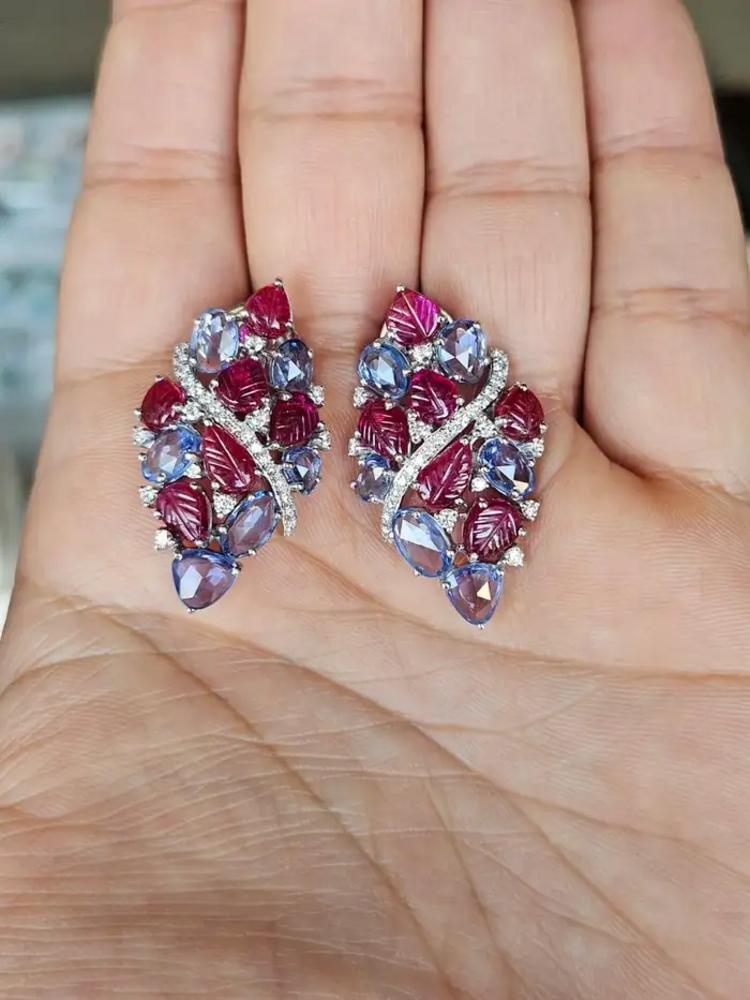 Natural Blue Sapphire & Diamond Earrings - 18k White Gold Carved Ruby Women Earrings
