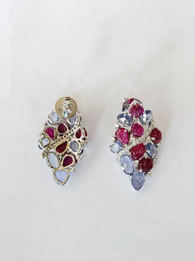 Natural Blue Sapphire & Diamond Earrings - 18k White Gold Carved Ruby Women Earrings