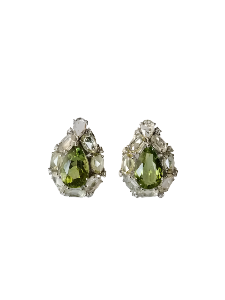 Natural Pear Shape Tourmaline & White Sapphire Stud Earrings - 18k White Gold Diamond Earrings