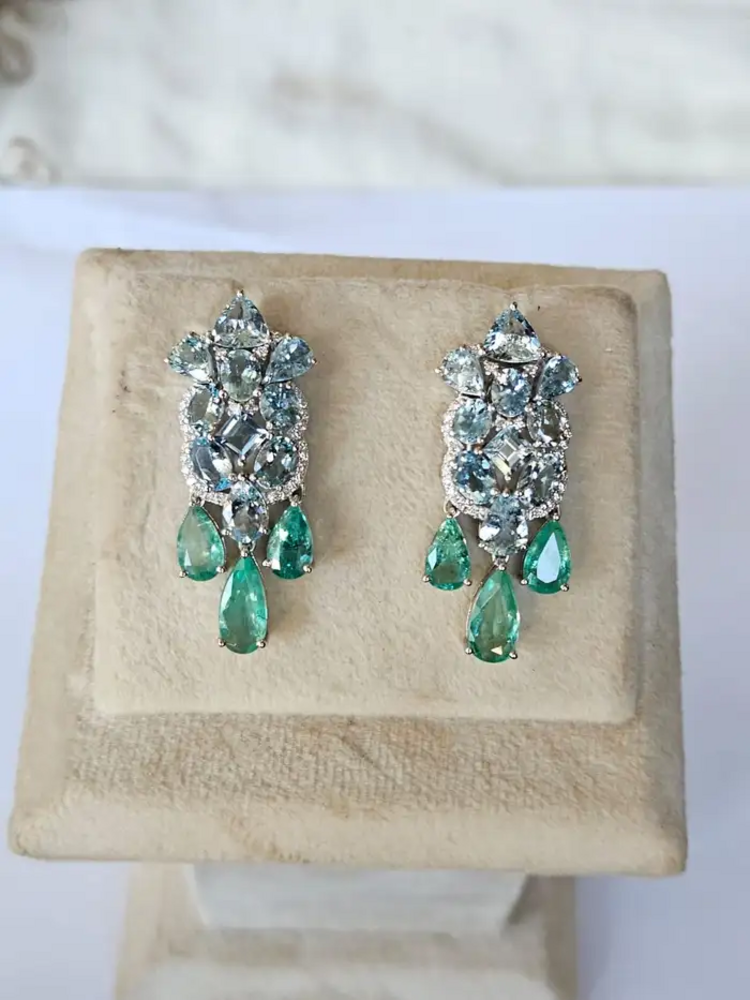 Natural Aquamarine & Colombian Emerald Dangle Earrings - 18k White Gold Diamond Wedding Earrings