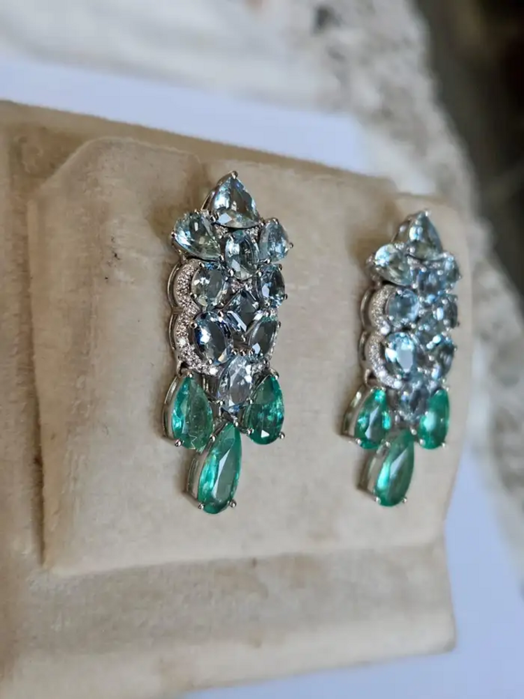 Natural Aquamarine & Colombian Emerald Dangle Earrings - 18k White Gold Diamond Wedding Earrings