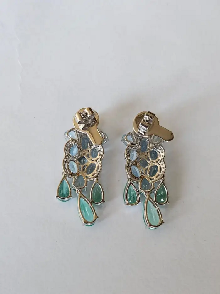 Natural Aquamarine & Colombian Emerald Dangle Earrings - 18k White Gold Diamond Wedding Earrings