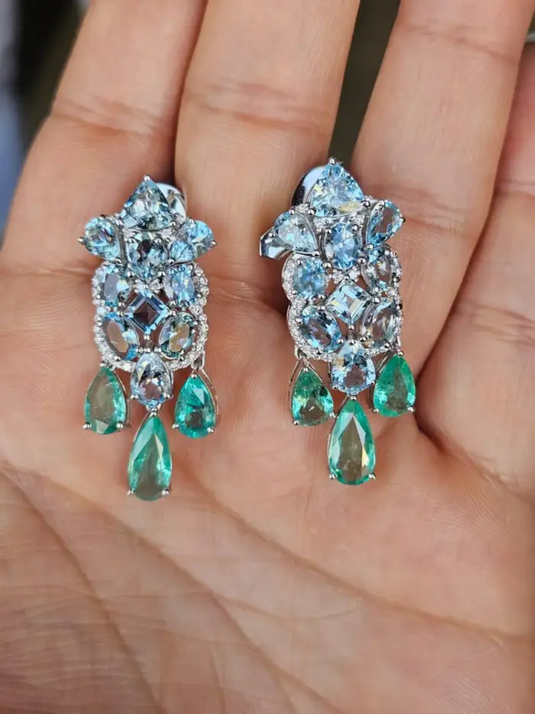 Natural Aquamarine & Colombian Emerald Dangle Earrings - 18k White Gold Diamond Wedding Earrings