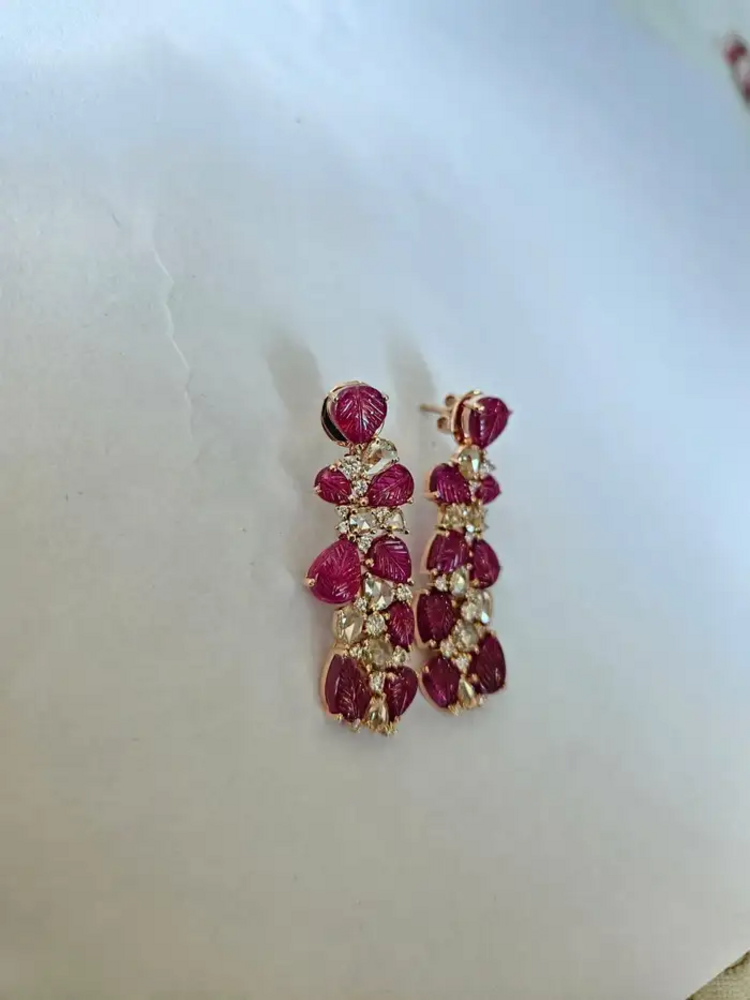 18k Rose Gold Mozambique Ruby Dangle Earrings - Natural Rose Cut Diamond Chandelier Earrings