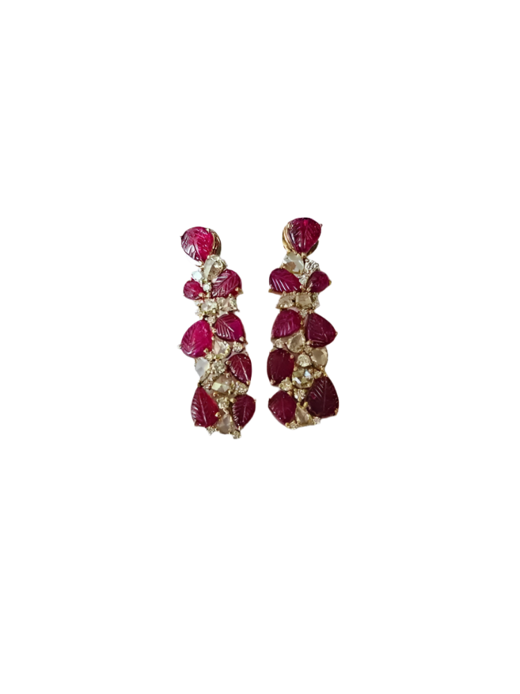 18k Rose Gold Mozambique Ruby Dangle Earrings - Natural Rose Cut Diamond Chandelier Earrings