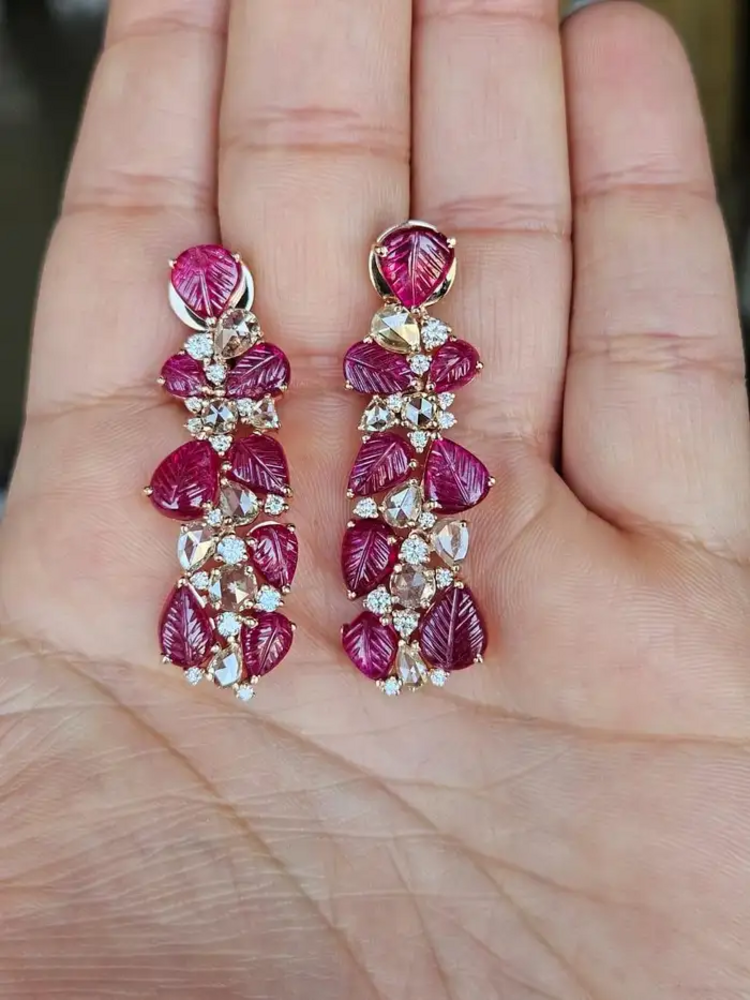 18k Rose Gold Mozambique Ruby Dangle Earrings - Natural Rose Cut Diamond Chandelier Earrings