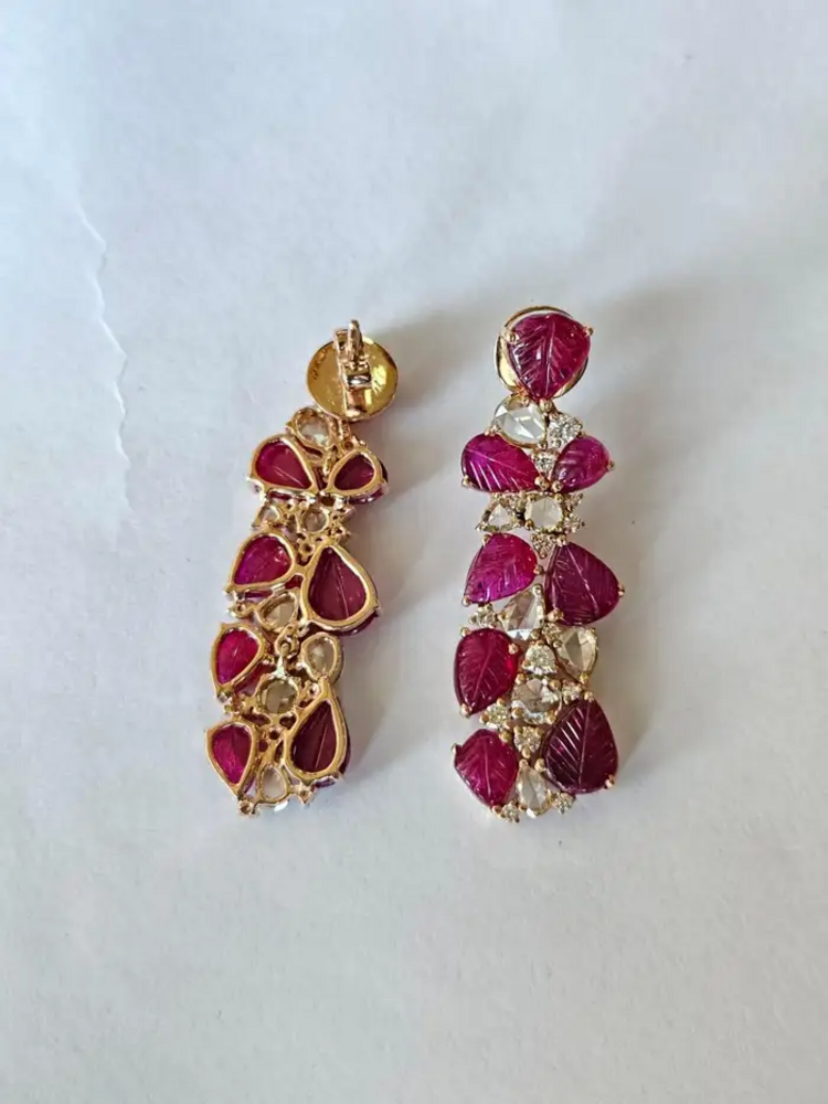 18k Rose Gold Mozambique Ruby Dangle Earrings - Natural Rose Cut Diamond Chandelier Earrings