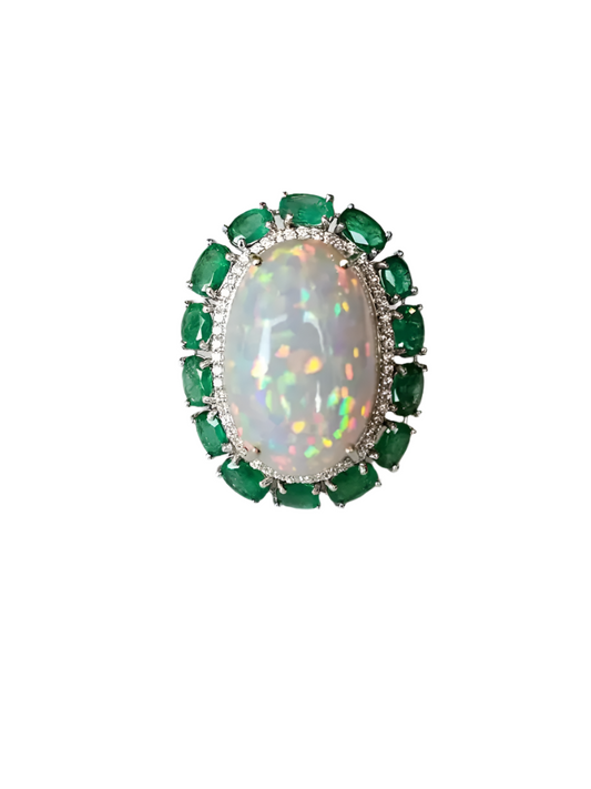 Natural Ethiopian Opal & Zambian Emerald Cocktail Ring - 18k White Gold Diamond Wedding Ring