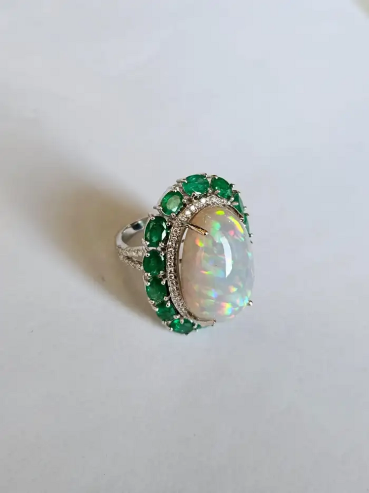 Natural Ethiopian Opal & Zambian Emerald Cocktail Ring - 18k White Gold Diamond Wedding Ring
