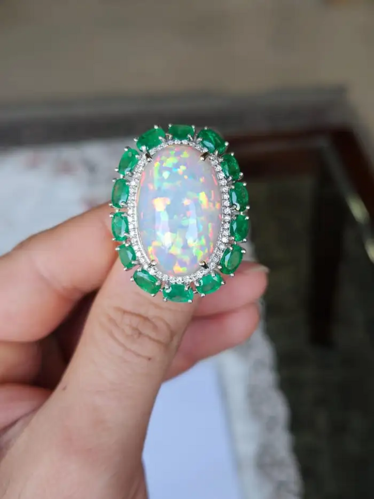 Natural Ethiopian Opal & Zambian Emerald Cocktail Ring - 18k White Gold Diamond Wedding Ring