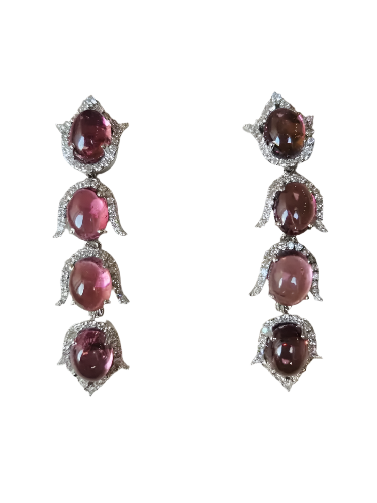 Natural Rubellite Gemstone Dangle Earrings - 18k White Gold Diamond Earrings