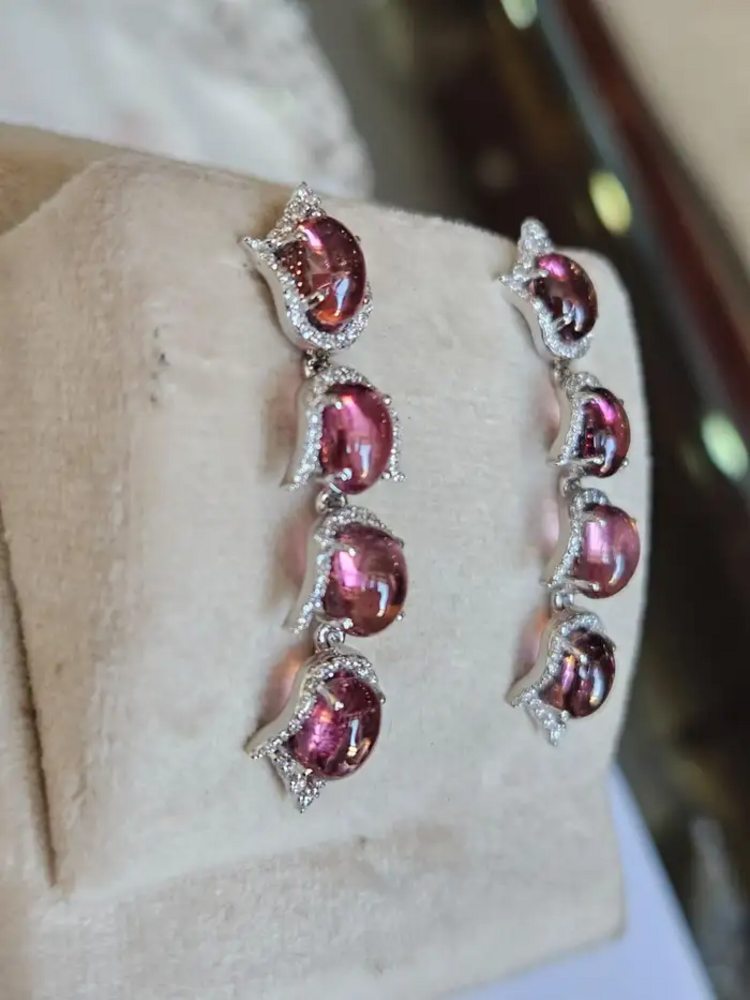 Natural Rubellite Gemstone Dangle Earrings - 18k White Gold Diamond Earrings