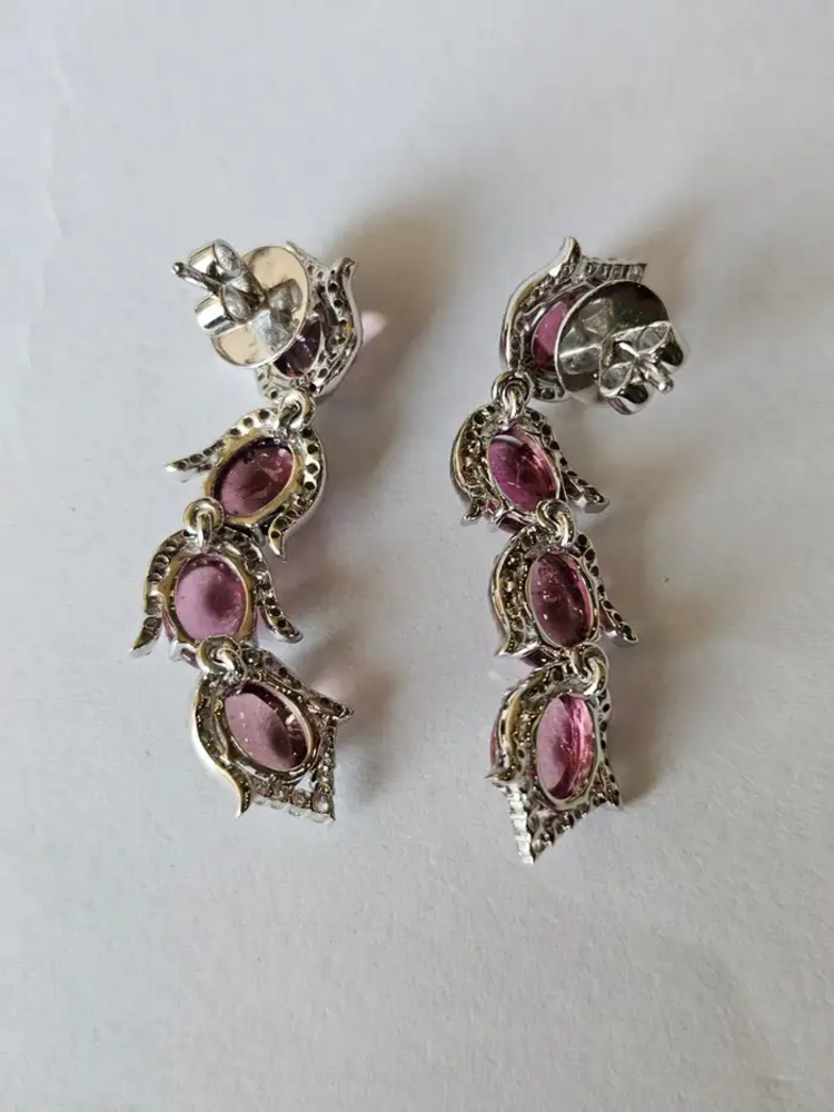 Natural Rubellite Gemstone Dangle Earrings - 18k White Gold Diamond Earrings