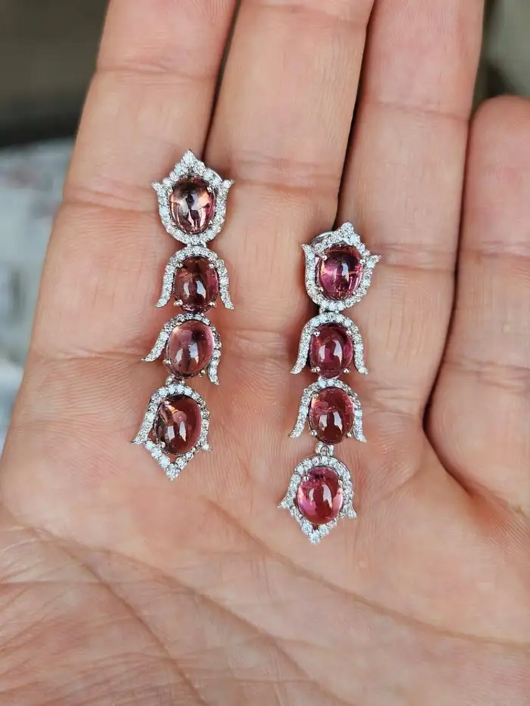 Natural Rubellite Gemstone Dangle Earrings - 18k White Gold Diamond Earrings
