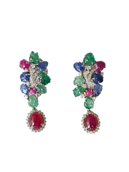Natural Mozambique Ruby, Zambian Emerald & Blue Sapphire Dangle Earrings - 18k White Gold Diamond Chandelier Earrings