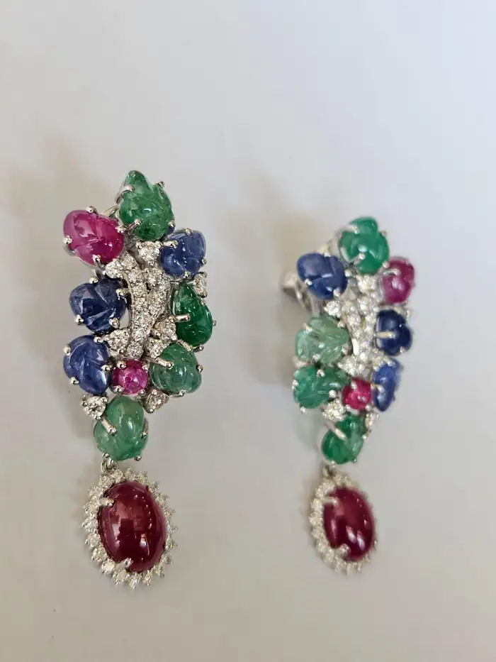 Natural Mozambique Ruby, Zambian Emerald & Blue Sapphire Dangle Earrings - 18k White Gold Diamond Chandelier Earrings