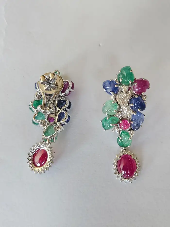 Natural Mozambique Ruby, Zambian Emerald & Blue Sapphire Dangle Earrings - 18k White Gold Diamond Chandelier Earrings