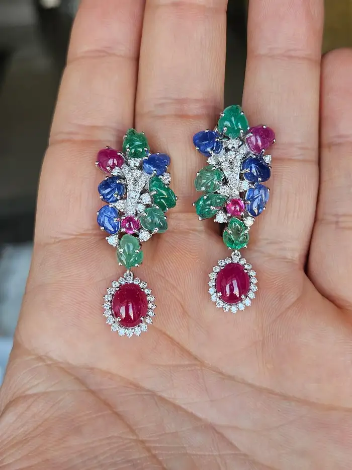 Natural Mozambique Ruby, Zambian Emerald & Blue Sapphire Dangle Earrings - 18k White Gold Diamond Chandelier Earrings