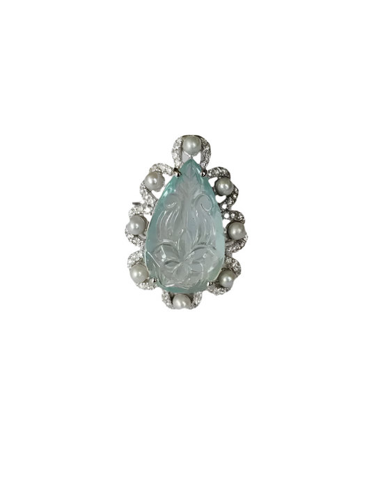 6.28 Ct. Carved Aquamarine & Fresh Water Pearl Engagement Ring - 18k White Gold Diamond Handmade Ring