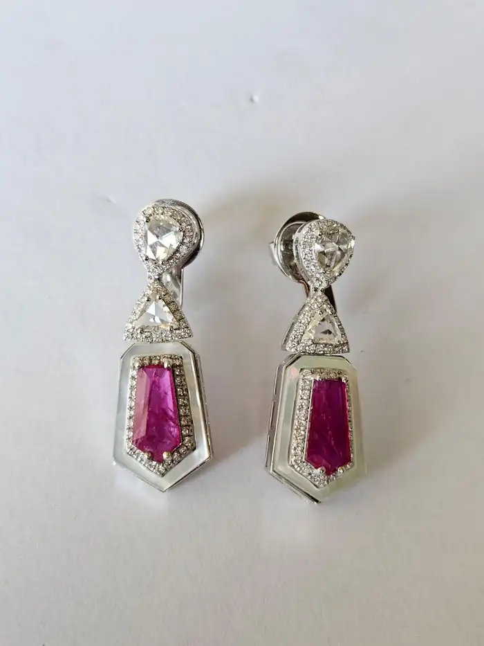 Natural Mozambique Ruby & Pearl Dangle Earrings - 18k White Gold Rose Gold Handmade Earrings