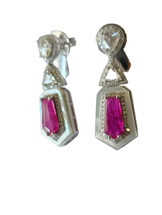 Natural Mozambique Ruby & Pearl Dangle Earrings - 18k White Gold Rose Gold Handmade Earrings