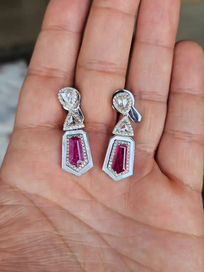 Natural Mozambique Ruby & Pearl Dangle Earrings - 18k White Gold Rose Gold Handmade Earrings