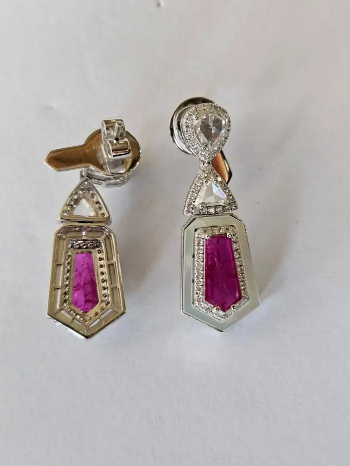 Natural Mozambique Ruby & Pearl Dangle Earrings - 18k White Gold Rose Gold Handmade Earrings