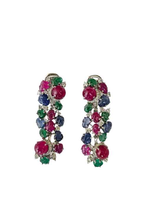 18k White Gold Diamond Dangle Earrings - Natural Mozambique Ruby, Zambian Emerald & Carved Blue Sapphire Earrings