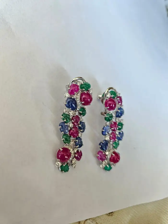 18k White Gold Diamond Dangle Earrings - Natural Mozambique Ruby, Zambian Emerald & Carved Blue Sapphire Earrings