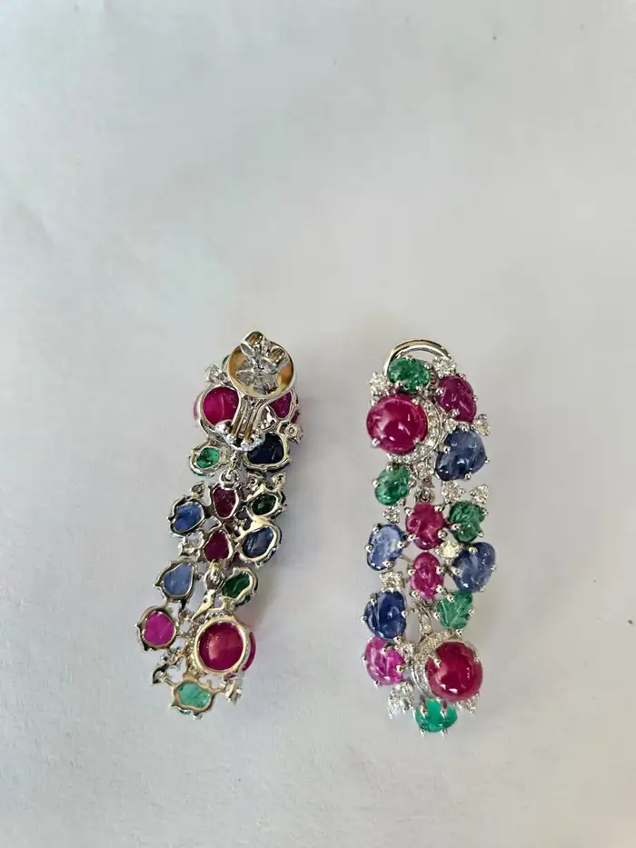 18k White Gold Diamond Dangle Earrings - Natural Mozambique Ruby, Zambian Emerald & Carved Blue Sapphire Earrings