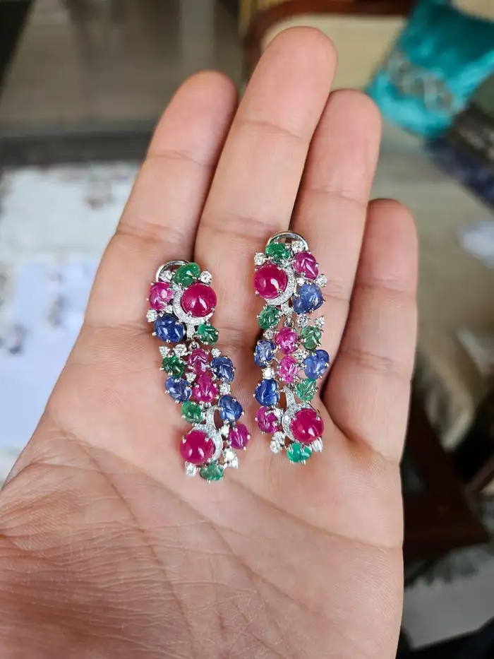 18k White Gold Diamond Dangle Earrings - Natural Mozambique Ruby, Zambian Emerald & Carved Blue Sapphire Earrings