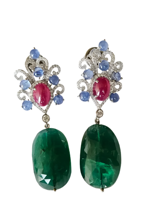 18k White Gold Diamond Dangle Earrings - Natural Blue Sapphire, Mozambique Ruby & Zambian Emerald Tumble Earrings