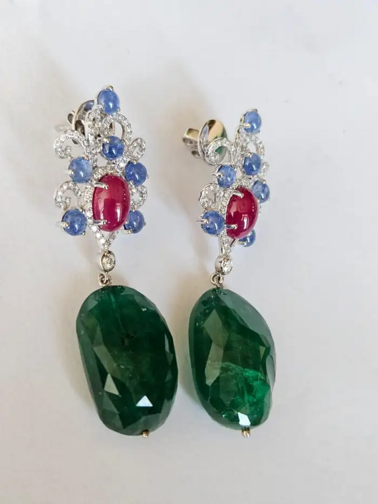 18k White Gold Diamond Dangle Earrings - Natural Blue Sapphire, Mozambique Ruby & Zambian Emerald Tumble Earrings