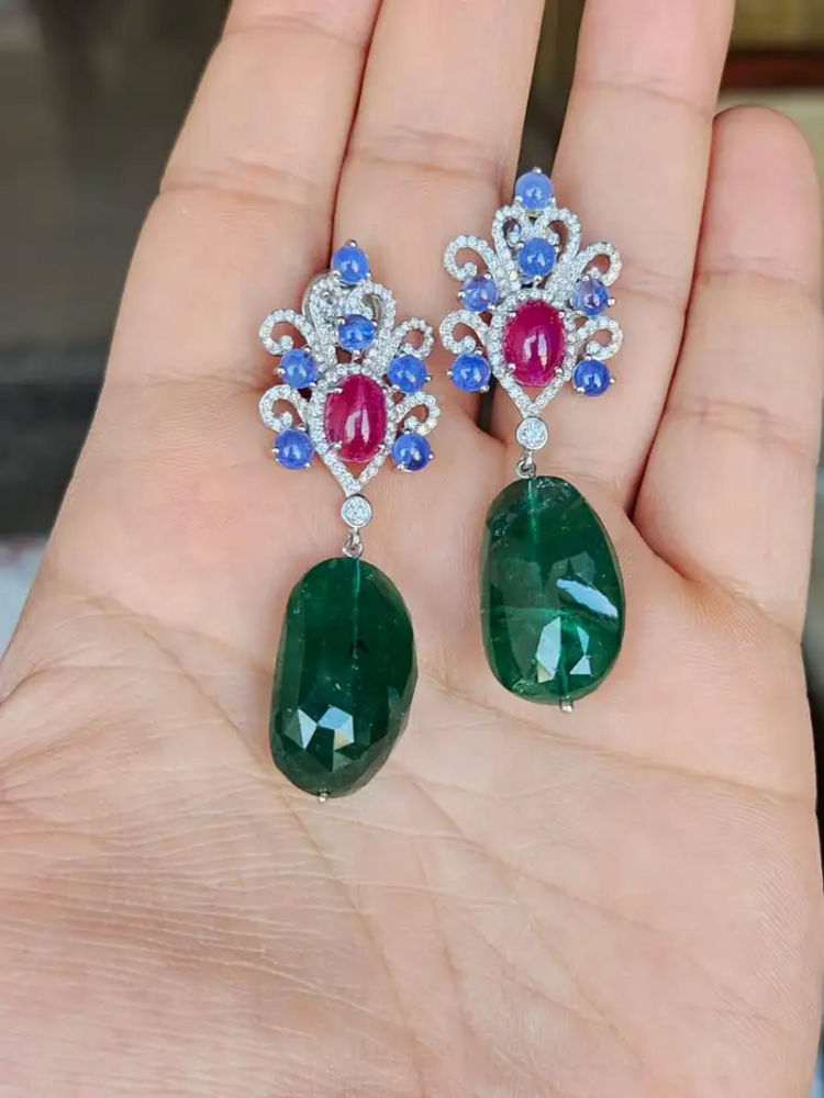 18k White Gold Diamond Dangle Earrings - Natural Blue Sapphire, Mozambique Ruby & Zambian Emerald Tumble Earrings