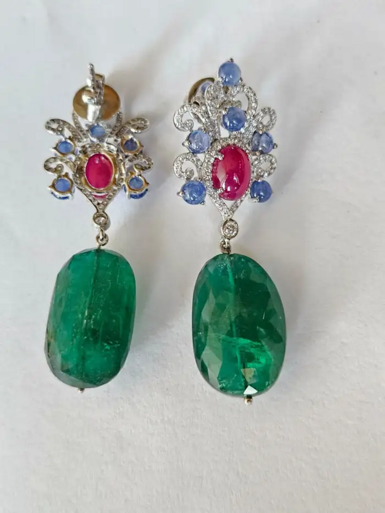 18k White Gold Diamond Dangle Earrings - Natural Blue Sapphire, Mozambique Ruby & Zambian Emerald Tumble Earrings