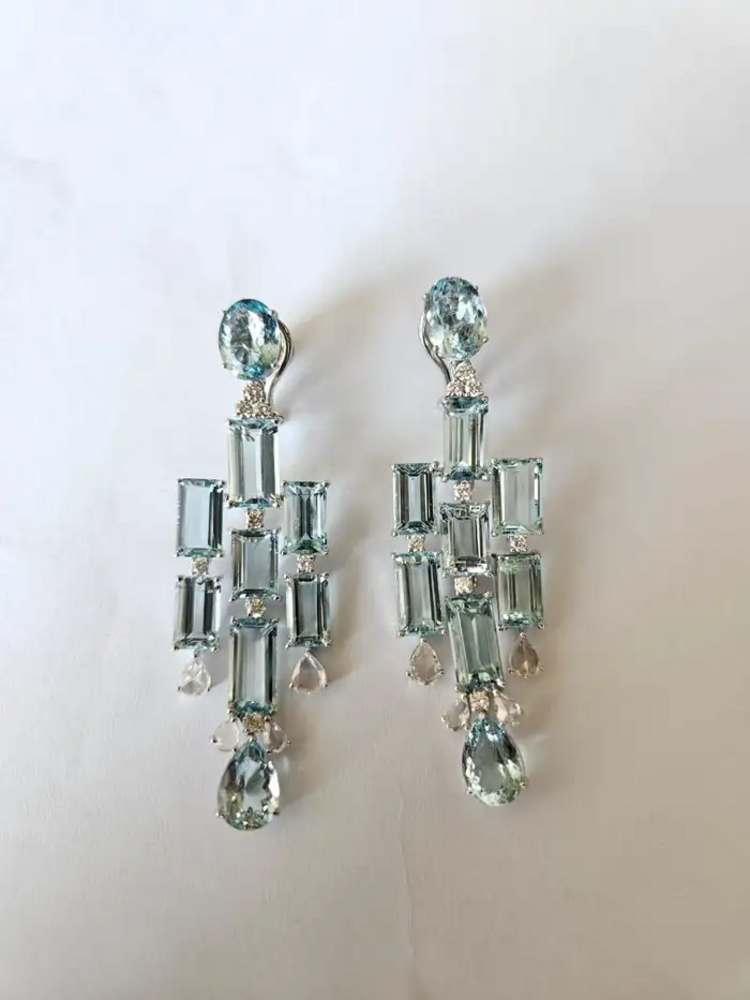Natural Aquamarine Gemstone Chandelier Earrings - 18k White Gold Diamond Handmade Dangle Earrings