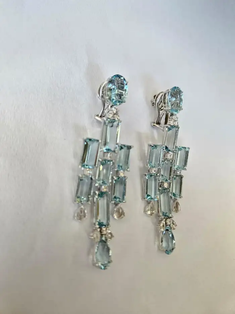 Natural Aquamarine Gemstone Chandelier Earrings - 18k White Gold Diamond Handmade Dangle Earrings