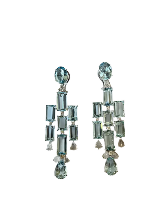 Natural Aquamarine Gemstone Chandelier Earrings - 18k White Gold Diamond Handmade Dangle Earrings